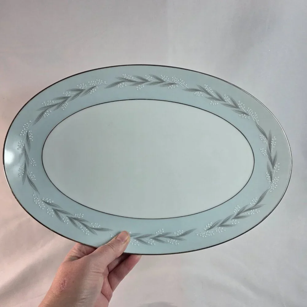 Noritake Sheldon Serving Platter 14 Inch White with Aqua Band and White Flowers